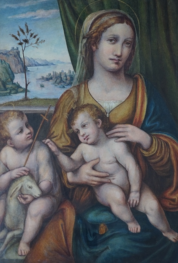 Italian School, watercolour, Madonna and child with the infant St John the Baptist, unsigned, 47 x 32cm. Condition - fair